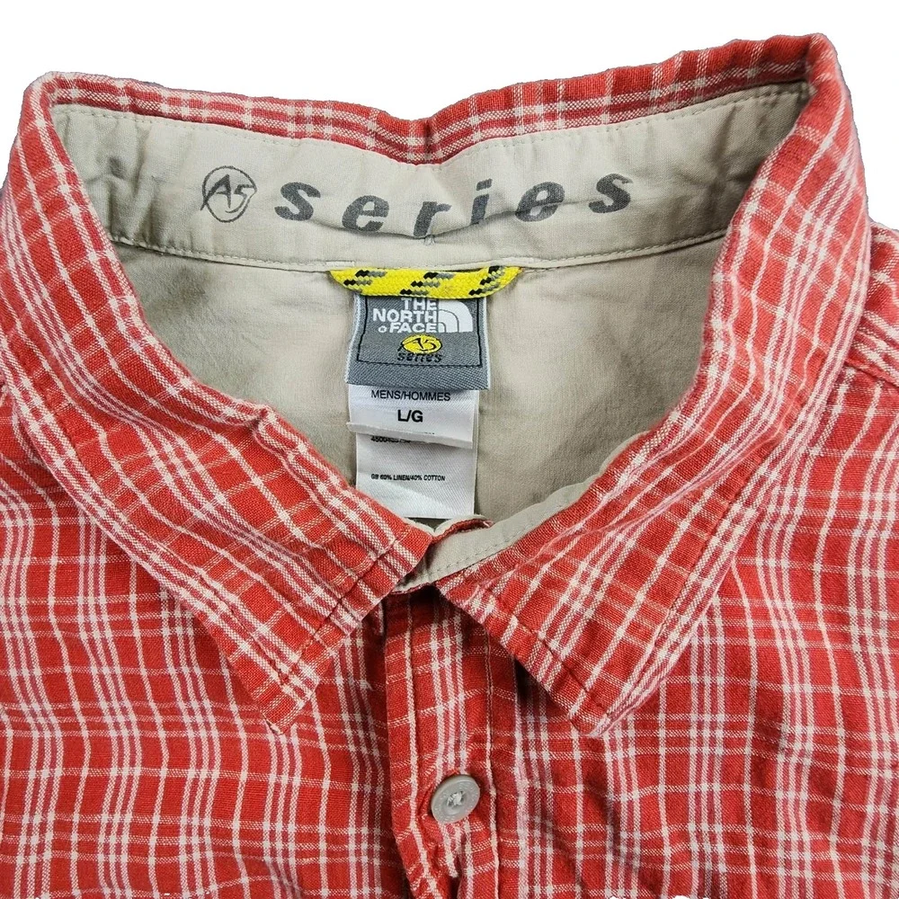 The North Face Series Red Plaid Short Sleeve Button Up Shirt Mens L Linen Cotton